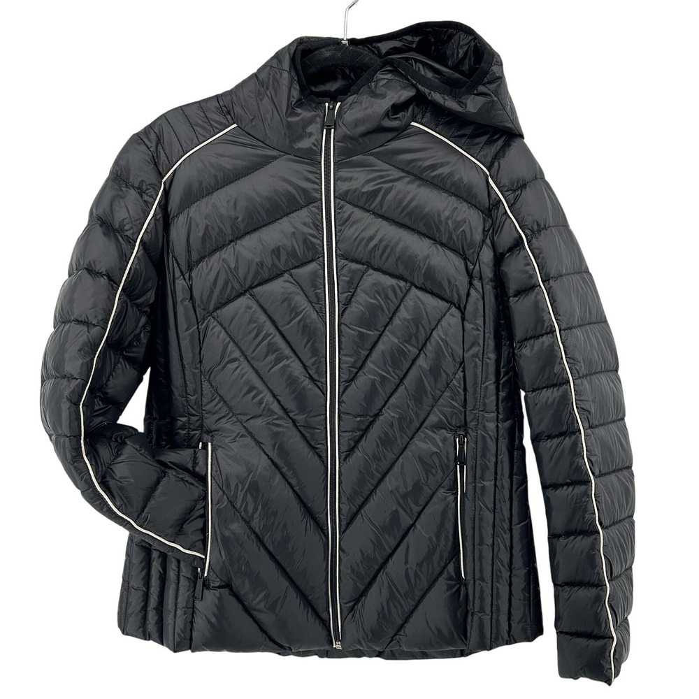 Black Down Filled Hooded Puffer Coat Sz M Black Packable Pockets BCBGeneration